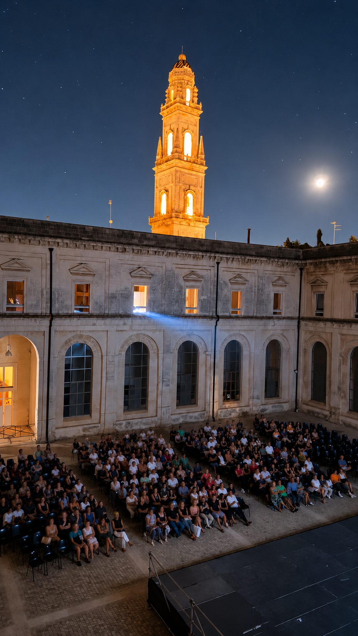 Il DB Arena visto dall'alto con il pubblico seduto, il campanile illuminato e la luna nel cielo notturno