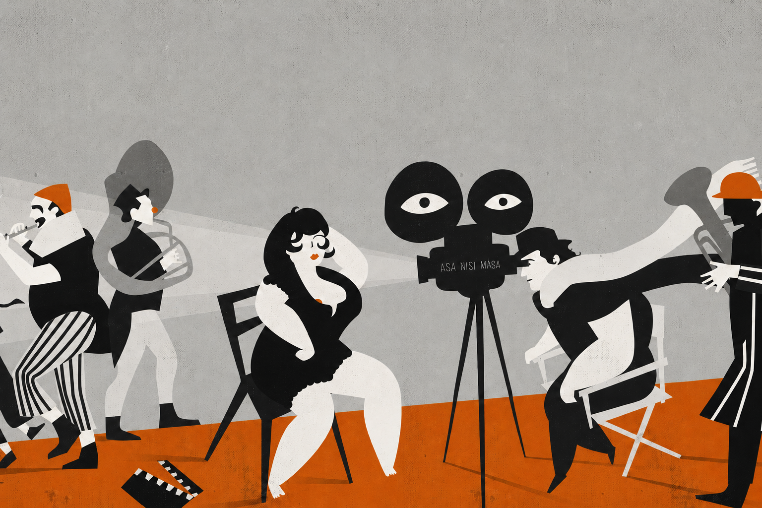 Illustrazione di un set cinematografico d'epoca: banda musicale, attrice, cinepresa e regista