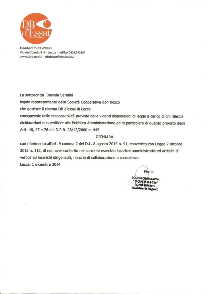 Scansione della dichiarazione originale firmata e timbrata dalla Società Cooperativa Don Bosco, datata Lecce 1 dicembre 2014